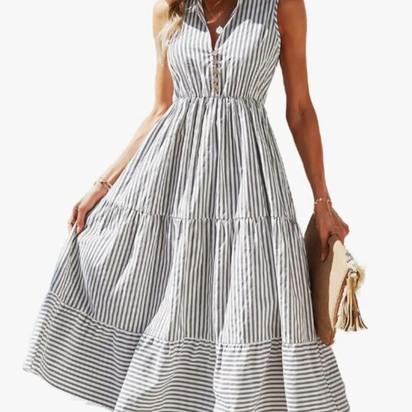 Amazon Dresses & Skirts - Sleeveless Shirt Dress Collar Striped V Neck Casual Midi Dresses L